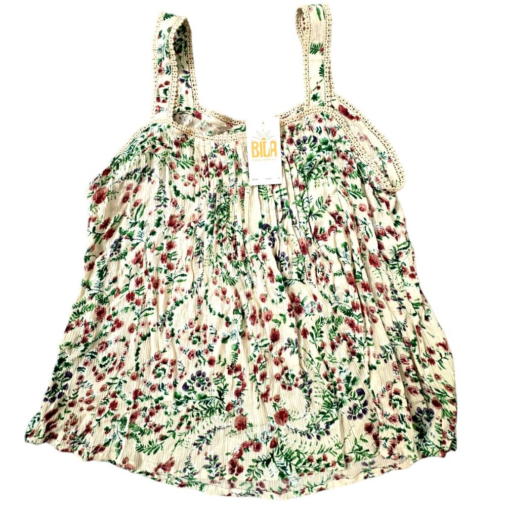 BILA Pleated Sleeveless Top Cream Floral Print Women’s M NWT
